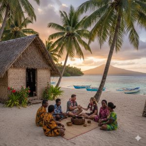 南太平洋のフィジー諸島のビーチで、現地の伝統的な家屋を背景に輪になって座る人々の様子