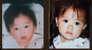 「西野七瀬の幼少期の写真。面影のあるぱっちりとした瞳が印象的な赤ん坊の頃と、少し内気そうな表情を浮かべる幼児期の2枚組」