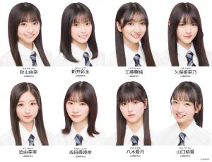 AKB48 18期研究生8名の顔写真一覧（上段左から秋山由奈、新井彩永、工藤華純、久保姫菜乃、下段左から迫由芽実、成田香姫奈、八木愛月、山口結愛）