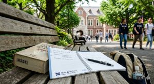 慶應義塾大学のキャンパス風景。木製ベンチに置かれたノートや辞書と、背景のレンガ造りの校舎