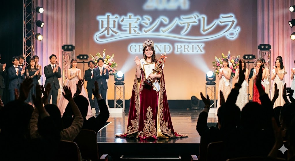 東宝シンデレラオーディションのステージで、ティアラとマントを身につけトロフィーを持って手を振るグランプリ受賞者の姿