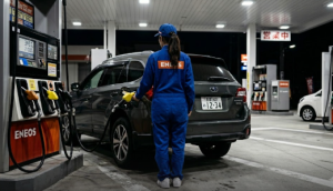 ガソリンスタンドで車に給油をする制服姿のスタッフの後ろ姿