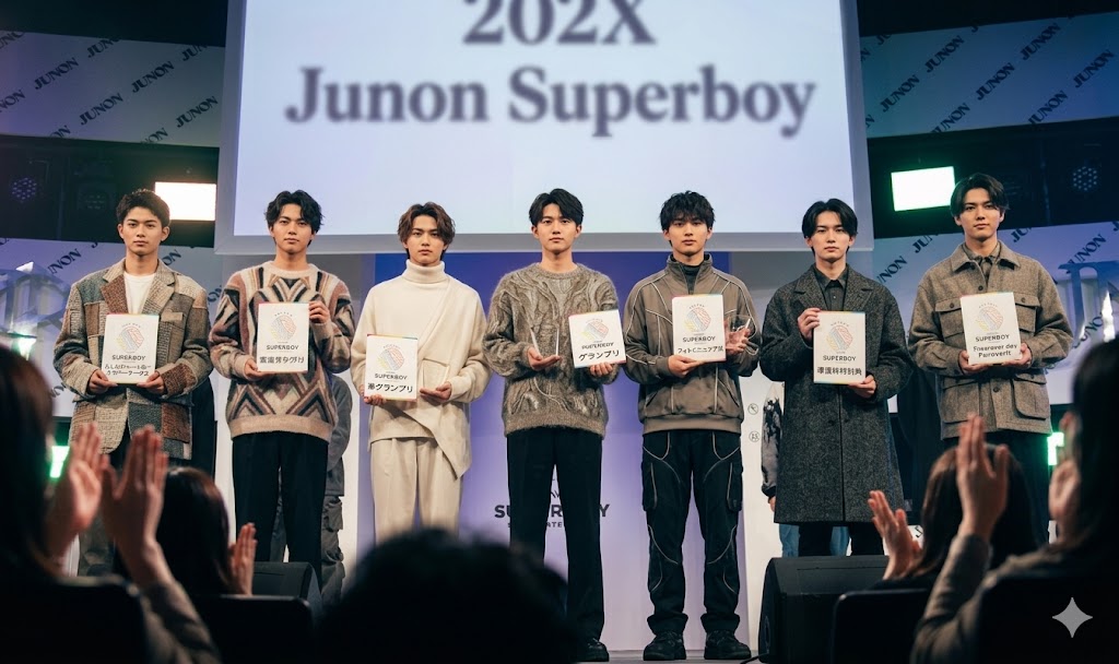 「Junon Superboy」の文字が映し出された大きなスクリーンを背に、ステージ上でそれぞれの賞の盾やトロフィーを手に誇らしげに並ぶ7人の若き受賞者たち