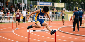 陸上競技場のトラックにて、青と黄色のユニフォームを着た男子選手が110mハードルを美しいフォームで跳び越えている躍動感あふれる瞬間